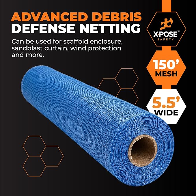 Xpose Safety Construction Safety Netting – 5.5' x 150', 1/4" Mesh Scaffold Safety Net, Temporary Material Roll, Visibility Fence, Heavy-Duty Fire Retardant, Blue (24-Pack)