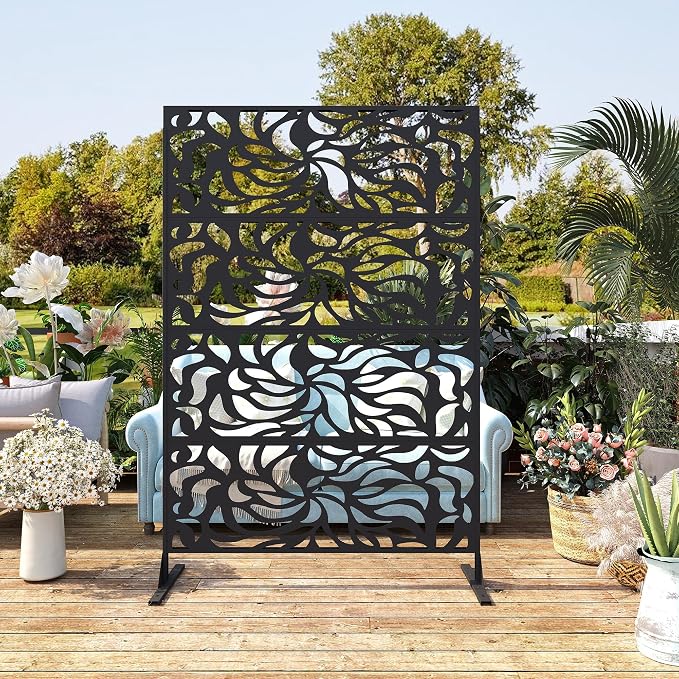 6FT Metal Privacy Screen Outdoor, Decorative Privacy Fence, Weather-Resistant Freestanding Panel with Stand, Durable Steel for Patio, Garden, Balcony, or Backyard, Flower