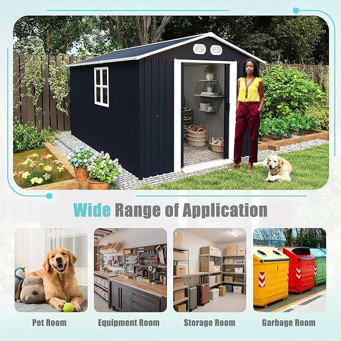 KEIKI 8x12 FT Outdoor Storage Shed, Heavy-Duty Metal Shed with Lockable Doors & Air Vents, Weather-Resistant Garden Tool Storage for Backyard Patio, Dark Gray