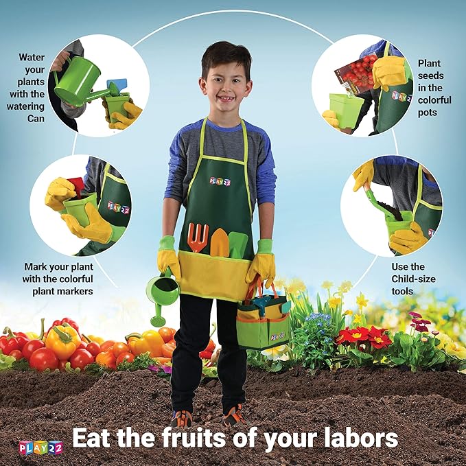Play22 Kids Gardening Tool Set 12 PCS - Kids Gardening Tools Shovel Rake Fork Trowel Apron Gloves Watering Can and Tote Bag, Toddler Gardening Tools for Kids Best Outdoor Toys Gift for Boys and Girls