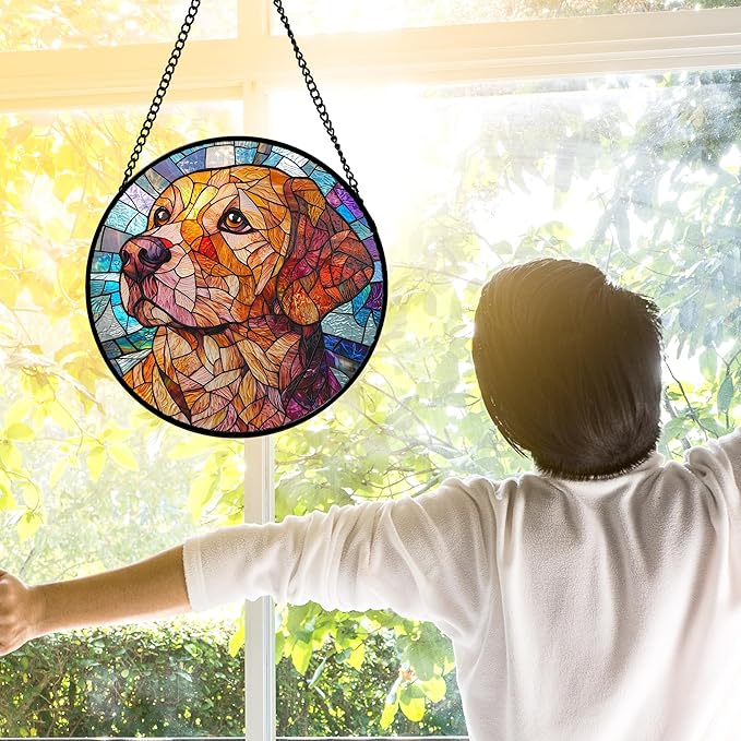 DASTOLL Stained Glass Window Hanging, Cute Dog Abstract Sun Catchers Colorful Glass Panel Texture Suncatcher Decor for Birthday for Women, Men, Wife, Aunt, and Mom 11.8x11.8 in