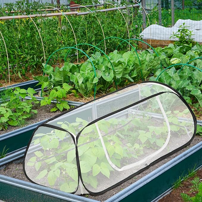 2 Pcs Pop Up Garden Rows Plant Cover, 46" x 22" x 16" Raised Garden Beds Vegetable Rows Plant Protector, Insect Bird Barrier Plant Net Cage with Stakes for Protecting Seedlings Fruits Vegetable Row