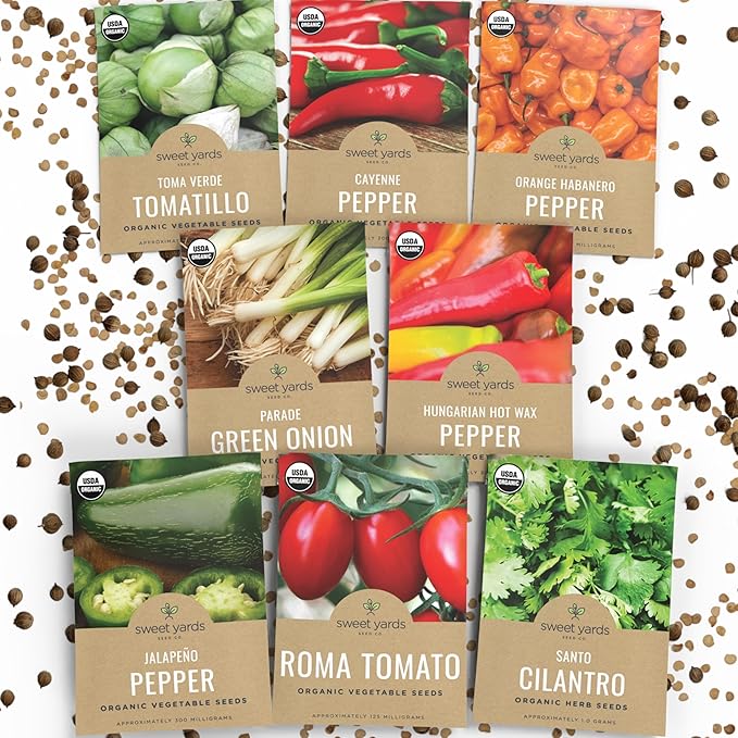 Organic Salsa Garden Seeds Variety Pack - 8 Individual Packs - 2026 Season - Cayenne Pepper, Roma Tomato, Cilantro and More! for Indoor & Outdoor Planting (Non-GMO, Certified Organic)