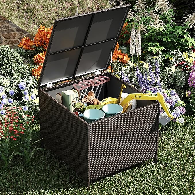 Large Deck Box Waterproof PE Rattan Outdoor Storage Box with Handles and Wheels, Storage Bin for Garden, Balcony, Porch, Pool, Yard (Brown, 80 US Gallon)