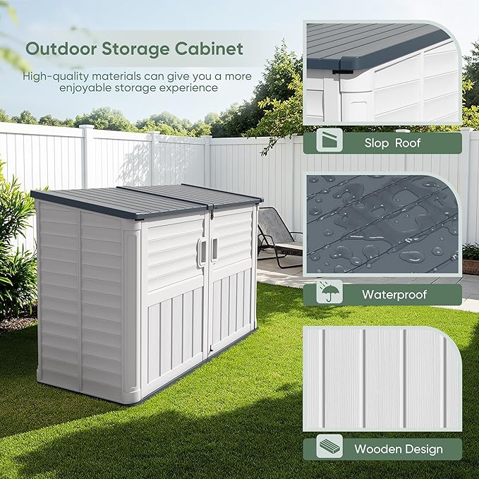 Devoko Resin Outdoor Storage Shed, 34 Cu Ft Outdoor Storage Cabinet Without Shelf, Waterproof, Double Locks, Resin Storage for Trash Can, Garden Tools, Pool Supplies (Beige)