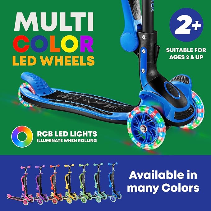 3 Wheel Scooter for Kids with Foldable Seat, Adjustable Handlebar Height, Lean-to-Steer Ride On Toy for Kids Ages 2+, Light-Up LED Wheels, Wide Anti Slip Deck, Indoor & Outdoor Use