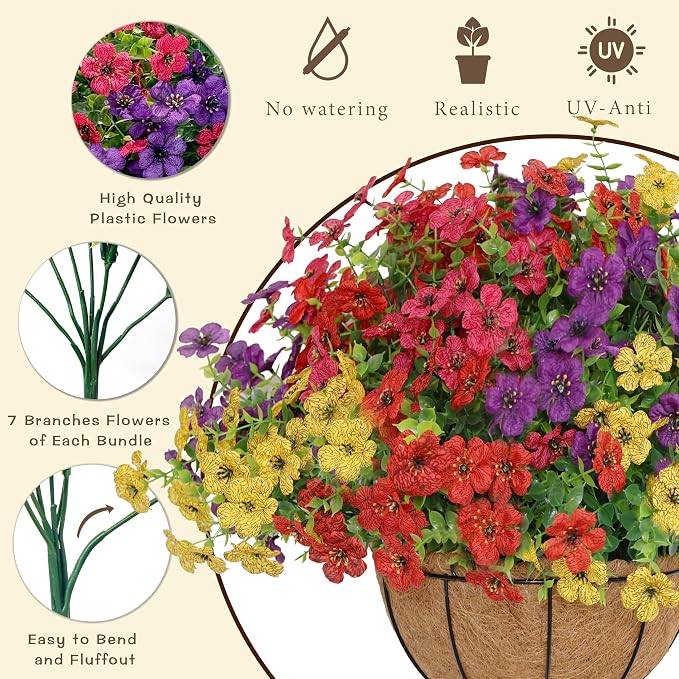 Senjie 3 Set Artificial Hanging Flowers with Basket for Outdoor Decor, UV Resistant 36 Bundles Faux Flowers Fake Hanging Planter for Porch Patio Balcony