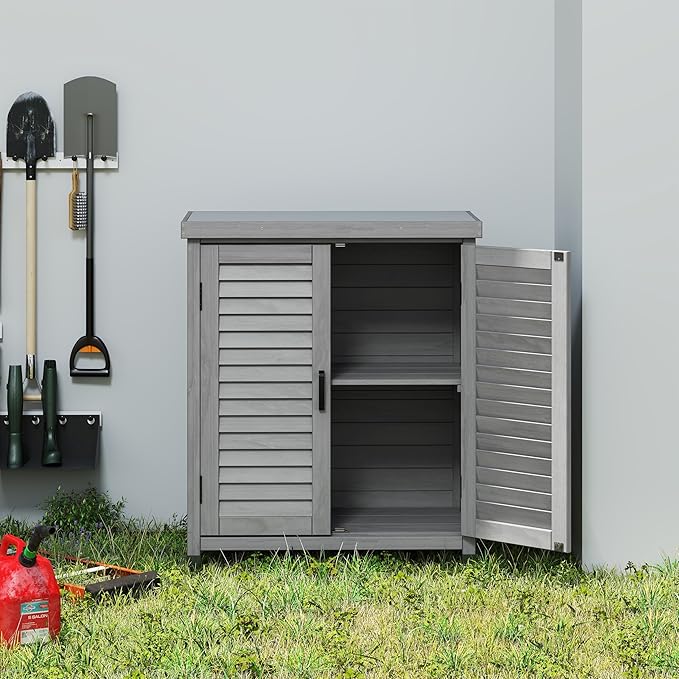 YOPTO Outdoor Wood Storage Cabinet,Garden Shed Tool with Metal Table Top, Backyard Waterproof Shelter W/Ventilated Screen Door & 2 Handles,2 Compartments,Workstation for Lawn,31x17x36'',Grey