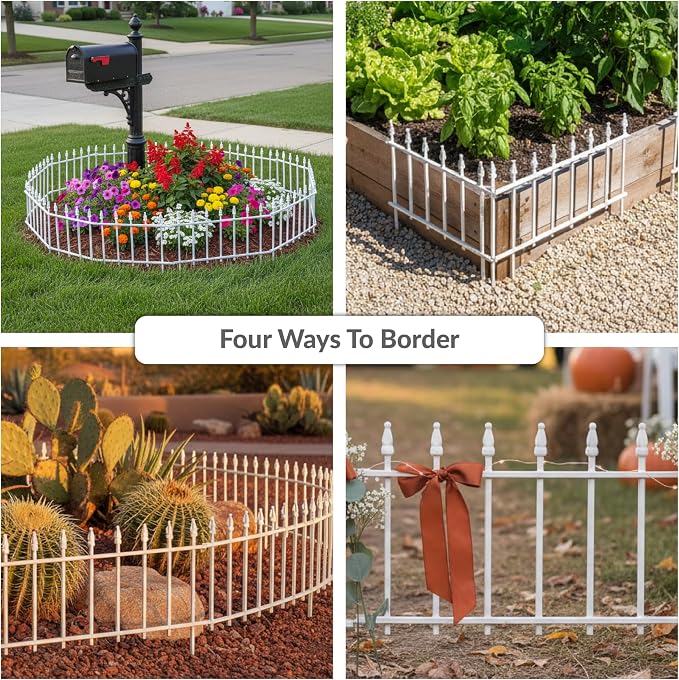 Sunnydaze Decorative Garden Fence Border - 22 in W x 18 in H No Dig Metal Edging for Flower Beds, Yard, Lawn, Pathways and Landscaping - Roman Finial Design - 36ft - 20 Panels - White