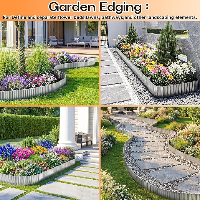 MTART Metal Garden Edging for Landscaping, Sturdy Corrugated Edging Border for DIY Flower Bed, Lawn and Landscape Edging (Silver, 4"×10Ft)