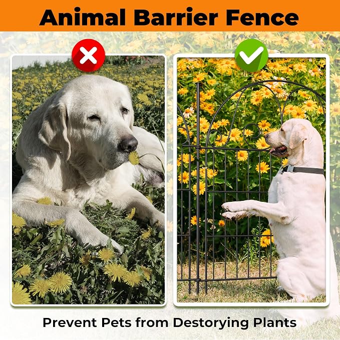 8 Pannels Garden Fence Animal Barrier,Decorative Garden Fence with Gate, No Dig Fencing for Yard,32in(H),Total Length 17.5Ft，Arched Metal Fence Panels,Rustproof Black