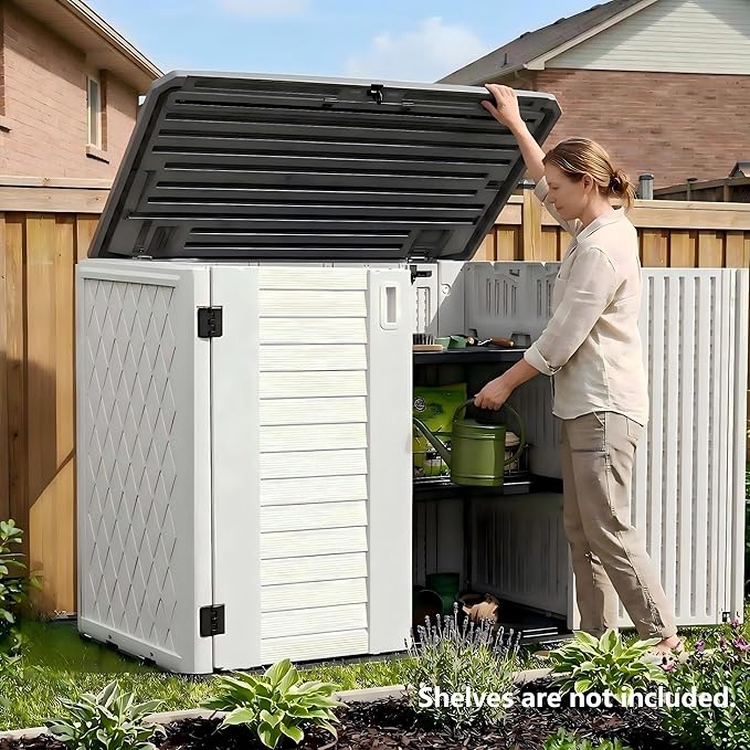 Horizontal Resin Outdoor Storage Shed, 34 Cu. Ft Weatherproof Storage Cabinet, Easy Assembly, Outdoor Storage Box for Backyards, Garden, Pool, No Shelf Included (White)