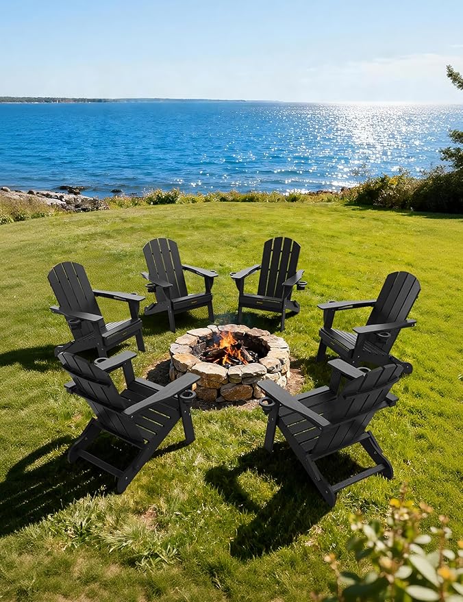 Folding Adirondack Chair, Wooden Textured Plastic Adirondack Chairs with 2 Cup Holder, Weather Resistant HDPE Fire Pit Chair, Outdoor Patio Chairs for Garden, Backyard, Lawn, Deck, 380LBS, Black