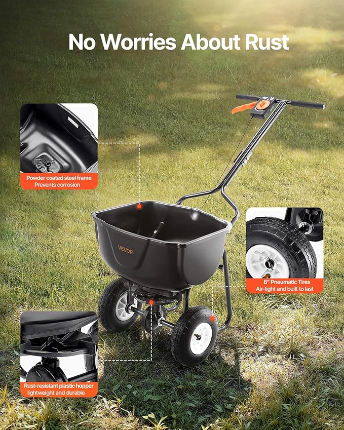 VEVOR Walk Behind Spreader, 60LBS Capacity, Push Spreader with 0-9.8 ft Spreading Width, 8 in All Terrain Pneumatic Tires, Garden & Lawn Broadcast Spreaders, for Seed, Fertilizer