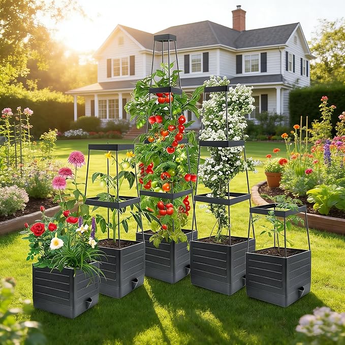 MQUPIN 2 Pack Tomato Planter with Trellis, 57" Self-Watering Raised Garden Bed Planter Box for Climbing Plants Vine Flowers Vegetables, Tomato Cage for Indoor Outdoor Patio Greenhouse