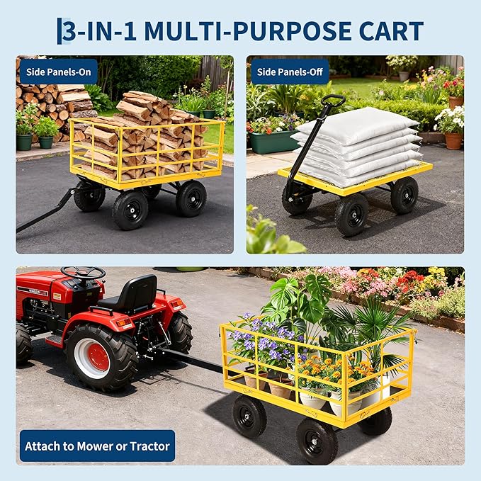Heavy Duty 1500 Lbs Capacity Mesh Steel Garden Cart Folding Utility Wagon with Removable Sides, Garden Cart on Wheels for Gardening Soil, Tools, and Plant Transport