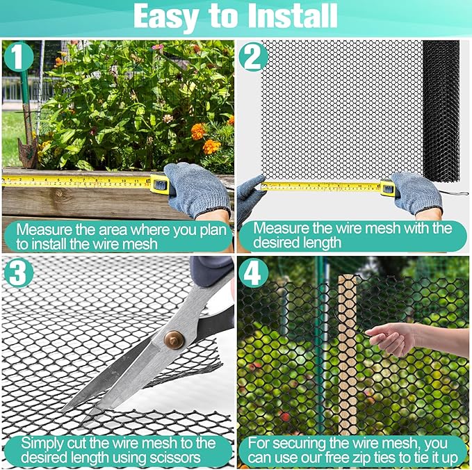 Plastic Mesh Fence Sheet 15.7IN x 33FT - 0.3IN Opening Plastic Chicken Wire Netting Roll Durable for Dogs, Poultry, Puppy, Garden Snake Barrier with 50 Pcs Zip Ties - Black