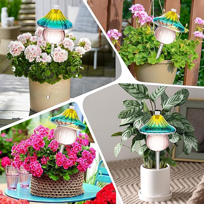 11 oz Large Plant Watering Globes, Mushroom Gradient Color Glass Watering Bulbs, Vacation Plant Watering Devices, Self Watering Globes - Self Watering Planter Insert for Travel (Large 4-Pack)