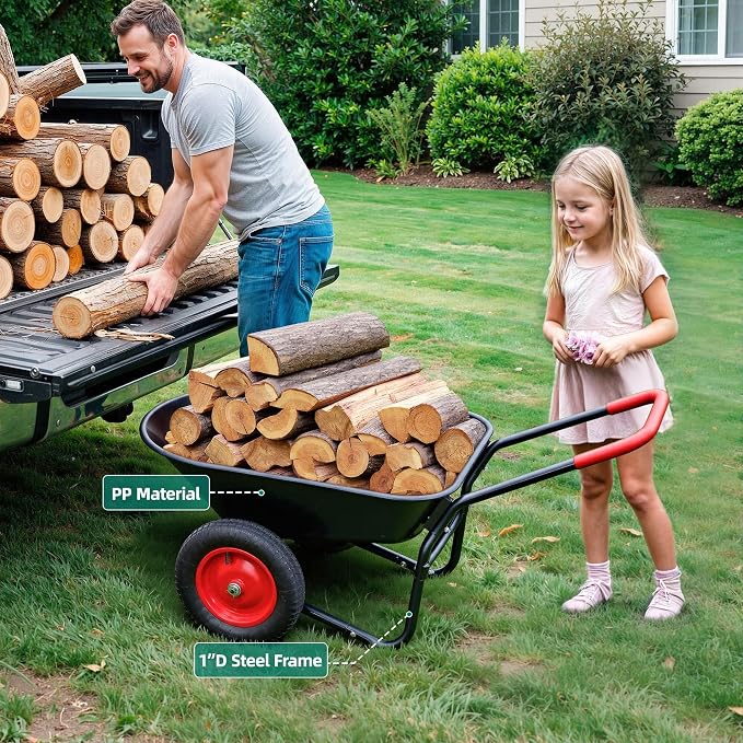 2 Wheel Wheelbarrow, Dual-Wheel Garden Dump Cart with 13" Non-Slip Pneumatic Tires & Ergonomic Padded Handle, Heavy-Duty Home Utility Yard Cart Wagon with 4.5 Cu Ft Capacity for Lawn, Gardening