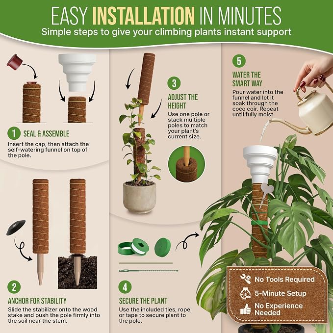 Organo Republic Moss Pole Monstera Plant Support Stakes - Unique Self-Watering, Extendable Coco Coir Pole for Climbing Plant Supports for Potted Plants Indoor for Monstera, Pothos & More