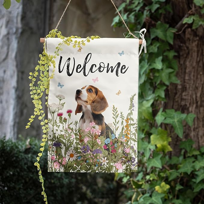 Floral Beagle Garden Flag Spring Summer House Flags 28 x 40 Double Sided Flower Dog Yard Flags for Outside Large Outdoor Welcome Flags