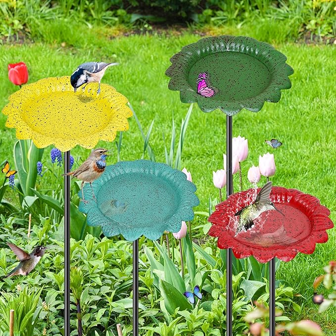4 PCS Metal Bird Baths for Outdoors, Small Garden Bird Bath with Metal Stake, Hummingbird Feeder for Yard Lawn Decoration (4P-Red Yellow Blue Green)