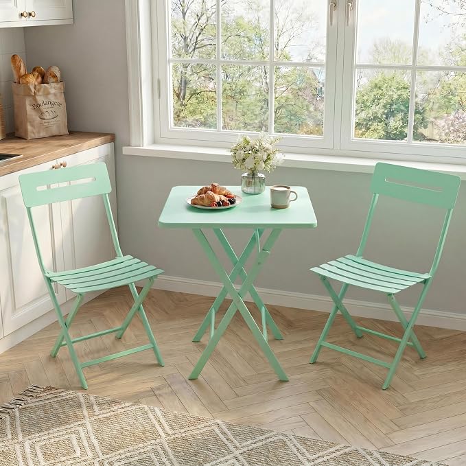 GarveeTech 3-Piece Folding Bistro Set, Heavy Duty Outdoor Patio Furniture with 2 Chairs & 1 Table, Weather-Resistant Steel Frame, No Assembly Required for Garden, Yard, Balcony,Green