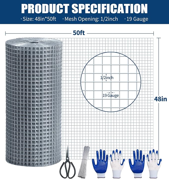 Hardware Cloth 1/2 Inch 48 in x 50 ft 19 Gauge, Hot Dip Galvanized Wire Mesh Rolls Welded Chicken Wire Fencing for Chicken Coop Barrier, Poultry Netting Cage Wire Fence(1/2 inch 48''× 50')