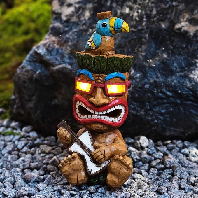 Solar Tiki Garden Statue Outdoor Decor - Tiki Bar Decorations 11.69 inch Tall for Outdoor Patio, Balcony, Yard, Backyard,Lawn,Tiki Gifts