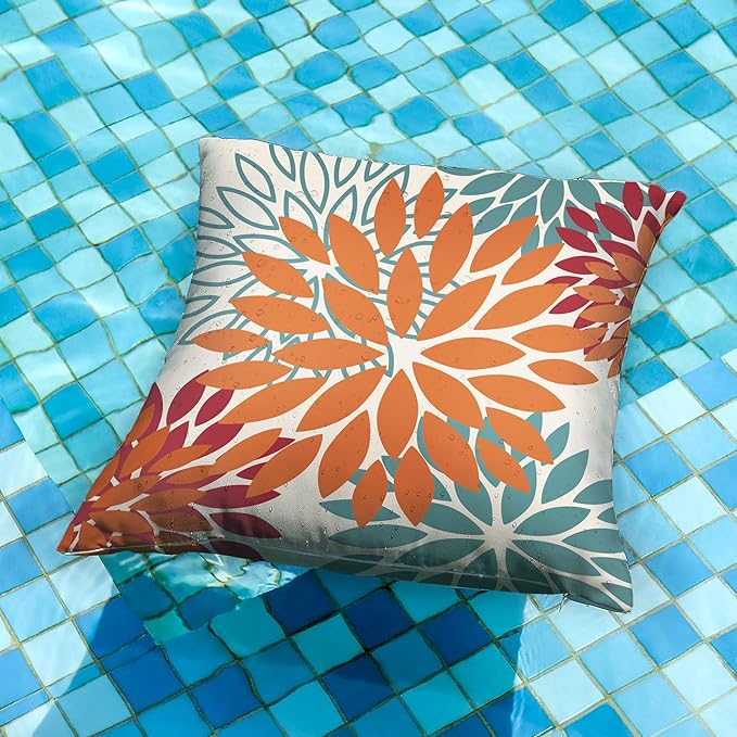 DFXSZ Orange Teal Red Flower Pillow Covers 18x18 Inch Set of 2 Fall Throw Pillows Outdoor Waterproof Decor for Living Room Sofa Patio Funiture Garden Floral Polyester Pillow Covers 002Y18