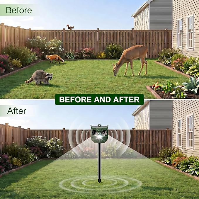 4 Pack Solar Ultrasonic Animal Repeller with Flashing LED Lights – Cat Deterrent Outdoor for Squirrels, Deer, Raccoons, Rabbits, Skunks, Dogs – Protects Garden, Yard, Lawn, Farm & Crops