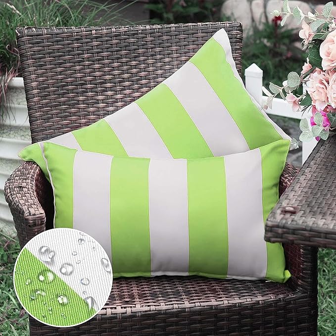 Western Home Pack of 2 Decorative Outdoor Solid Waterproof Striped Throw Pillow Covers Polyester Linen Garden Farmhouse Cushion Cases for Patio Tent Balcony Couch Sofa 12x20 inch Green