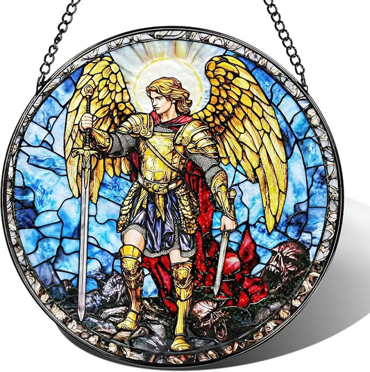 Stained Glass Suncatcher, Archangel Michael Sun Catcher Ornament; Stained Glass Window Hanging, Warrior Angel Window Decor; Christmas Home Decor, Christian Gifts, Religious Gifts