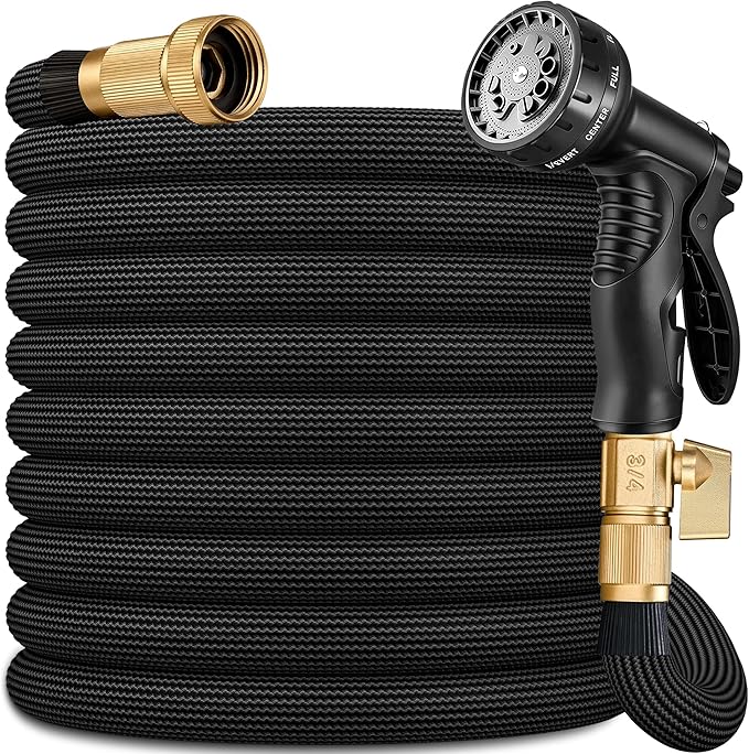 Flexible Garden Hose 75 FT, Ultra Lightweight Water Hoses 75FT w/10 Function Sprayer and 3/4" Brass Fittings, Kink-Free, Sturdy, Abrasion Resistant for Yard, Lawn, Outdoor and Gardening(Black)