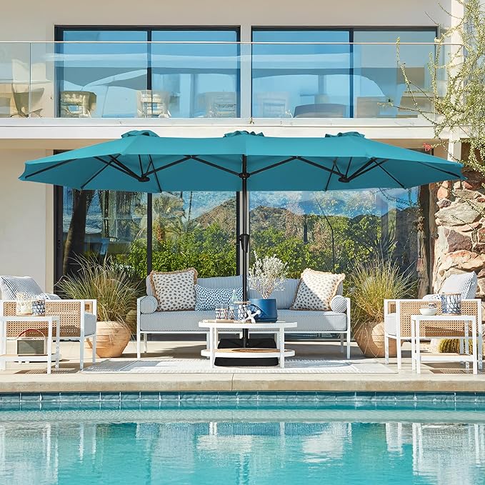 SUPERJARE 13FT Outdoor Patio Umbrella with Base Included, Double Sided Pool Umbrellas with Fade Resistant Canopy, Large Table Umbrella for Deck, Market, Backyard - Lake Blue