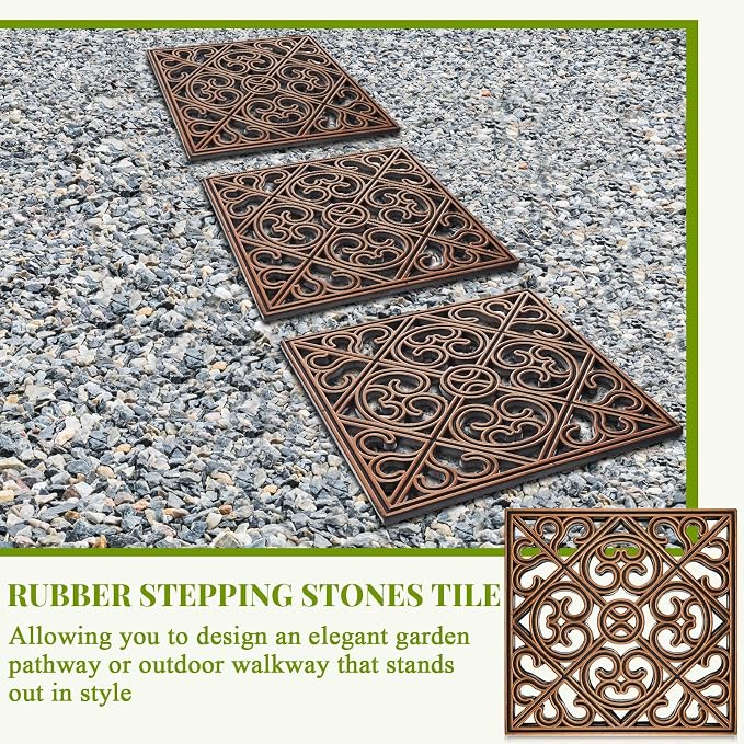 Pangda 8 Pcs Rubber Stepping Stones Outdoor Garden Walkway, 12 x 12 Inch Heavy Duty Pathway Pavers Retro Decorative Stepping Stones for Outside Landscaping Yard Lawn Path (Cross Square,Copper)