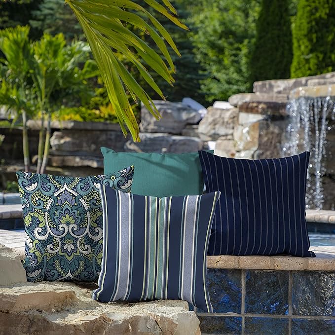 Arden Outdoor Toss Pillow, 2 Pack, 16 x 16, Rain-Proof, Fade Resistant Sapphire Aurora Blue Stripe
