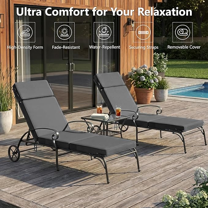 80 x 26 Inch Outdoor Chaise Lounge Cushions Set of 2 - Removable Cover, 4-Section Design, Water-Repellent & Fade-Resistant, 6 Tie Straps, Replacement for Patio & Pool Chairs - Dark Grey