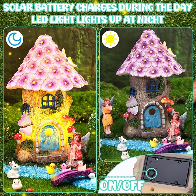 70 Pcs Fairy Garden House Resin Kit Glowing Tree House Miniature Garden Fairy Animals Garden Accessories Decor Outdoor Mini Landscape Ornaments