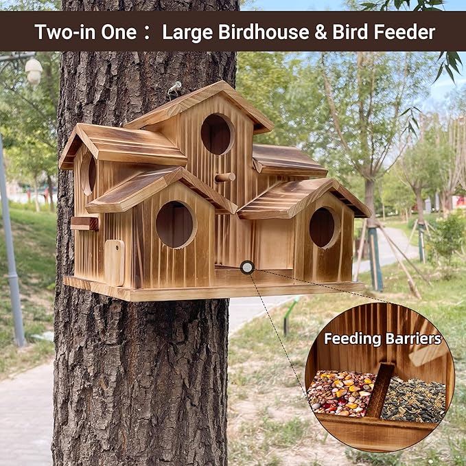 Bird House for Outside 5 Hole Bird Houses Room for 5 Bird Families Large Bird House for Garden/Courtyard/Backyard for Garden Decor-Finch Bluebird Cardinals Handmade Wooden Hummingbird House