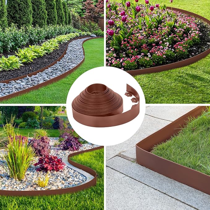 3-Inch x 50 FT Landscape Edging Border with 75 Stakes, Garden Edging Border Kit, Flexible Plastic Edging Border for Garden Flower Beds Lawn Yard Paver Pathway (Brown)