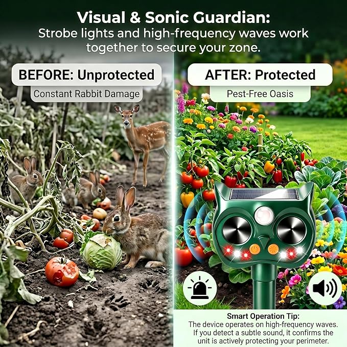 2Pack Upgraded Deer Repellent Devices Solar Ultrasonic Animal Repellent Outdoor with Motion Sensor Strobe Light for Squirrel Raccoon Rabbit Cat Bird Volume Control Keep Pests Out of Yard Farm