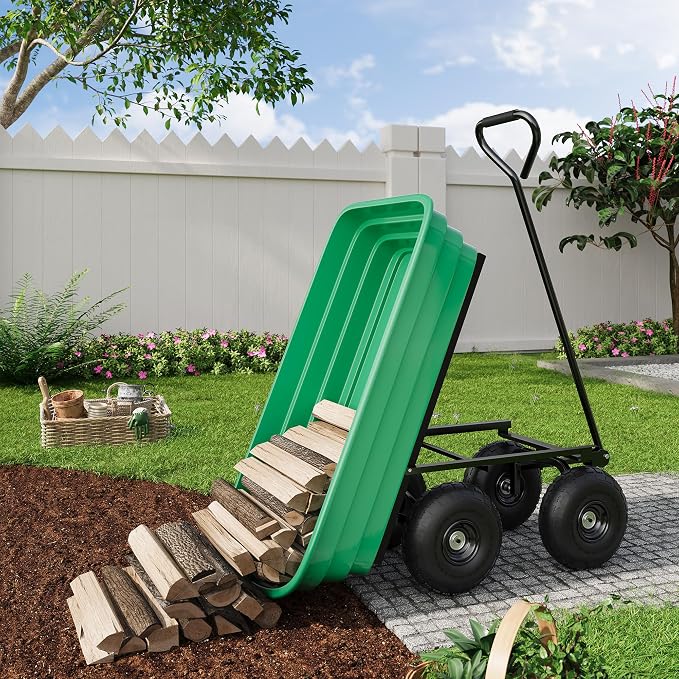 Heavy Duty Garden Dump Cart with 1200 Lbs Capacity – 4 Cu.Ft Yard Utility Wagon with 10" All-Terrain Tires, 180° Adjustable Handle & Quick-Release Tipping for Soils, Plants & Tools, Green