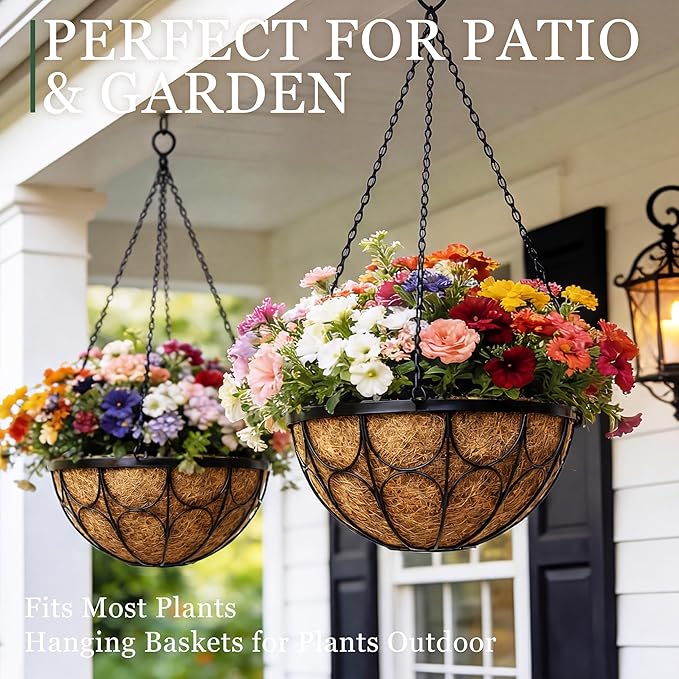 4 Pack 14 Inch Hanging Planters for Outdoor Plants，Large Wire Flower Hanging Basket with Coco Liners for Balconies, Patios, Porch, Terraces Decor