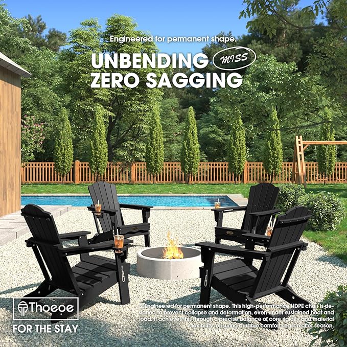 THOEOE Folding Adirondack Chair Set of 8, HDPE All-Weather Outdoor Chair with Cup Holder, Wooden Textured, Fire Pit Chair, Plastic Patio Chair for Deck, Backyard, Garden, Lawn, Black