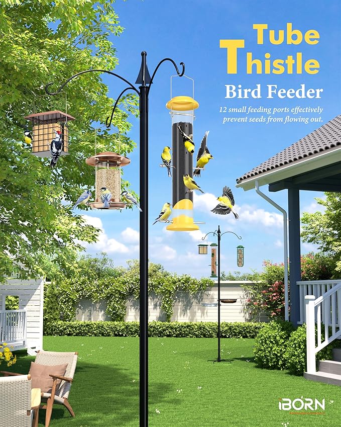 iBorn Finch Feeders for Outside,14 Inch Tube Bird Feeders for Outdoors Hanging,Metal Finch Feeders for Thistle Seed with 12 Small Ports,8 Metal Perches,Yellow,2 Pack