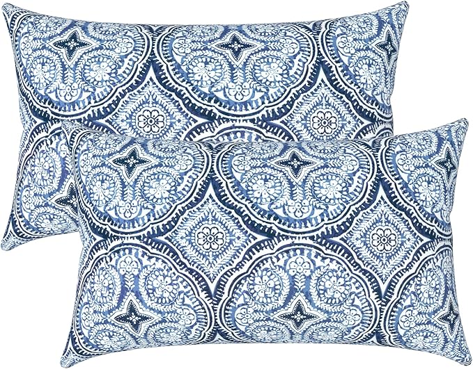 LVTLVTXIII 12×20 Inch Outdoor Lumbar Pillows, Pack of 2 Water Repellent Lumbar Pillow with Inserts, Fluffy Decorative Garden Lumbar Cushions for Home Patio Coach Sofa Use, Medallion Blue