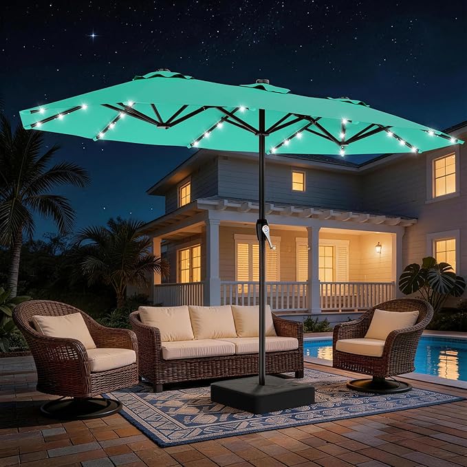 AreShark 15FT Patio Umbrella with Solar Lights, Double Sided Outdoor Table Umbrellas with Crank, Large Rectangular Market Umbrella for Porch, Lawn, Pool, Backyard, Peacock Blue