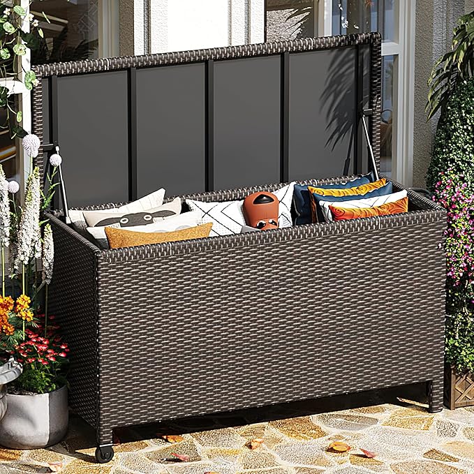 185 Gallon Outdoor Deck Box with Wheels, All-Weather PE Wicker & Aluminum Frame, Waterproof Patio Storage for Cushions, Garden Tools, Pool Toys, Lockable Gray Storage Box with Soft-Close Lid