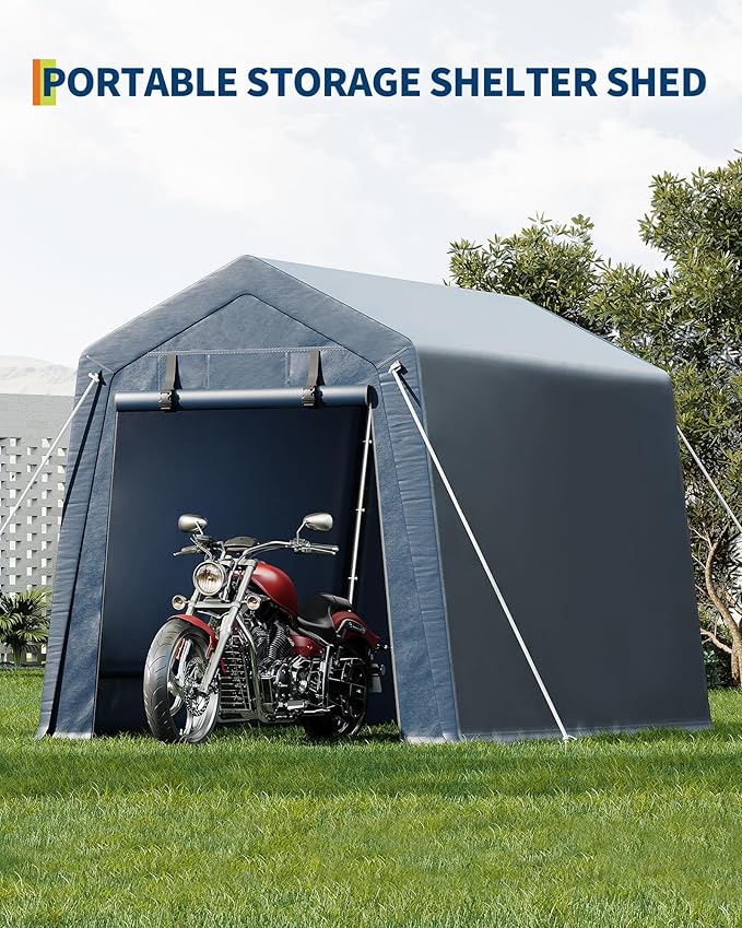 6X6 ft Heavy-Duty Portable Motorcycle Storage Shed with Roll-Up Door & Vent, 220g Waterproof PE Tarp & UV Protection, Motorcycle Shed for Motorcycles, Firewood, Garden Tools - Gray